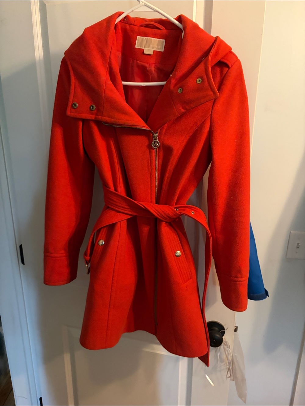 Michael Kors Bright Red/Orange Hooded Belted Wool Coat